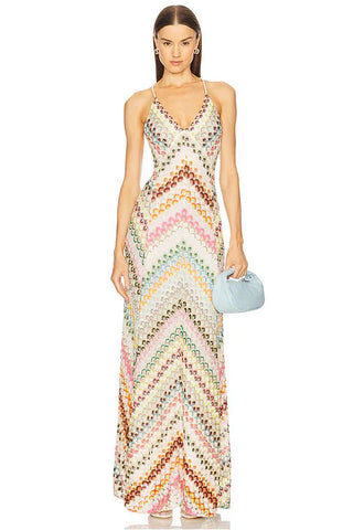 Multicolor Zigzag Knit Long Dress with Spaghetti Straps and Open Back