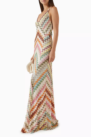 Multicolor Zigzag Knit Long Dress with Spaghetti Straps and Open Back