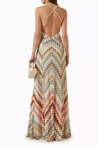 Multicolor Zigzag Knit Long Dress with Spaghetti Straps and Open Back