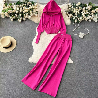 Knitted Two-Piece Set - Hooded Zippered Sweater & High-Waisted Wide-Leg Pants