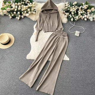 Knitted Two-Piece Set - Hooded Zippered Sweater & High-Waisted Wide-Leg Pants