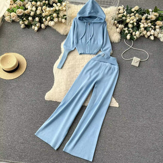 Knitted Two-Piece Set - Hooded Zippered Sweater & High-Waisted Wide-Leg Pants