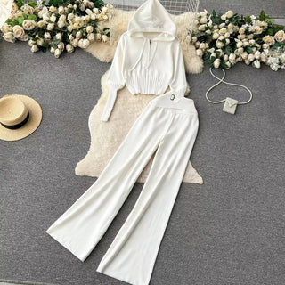 Knitted Two-Piece Set - Hooded Zippered Sweater & High-Waisted Wide-Leg Pants
