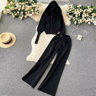 Knitted Two-Piece Set - Hooded Zippered Sweater & High-Waisted Wide-Leg Pants