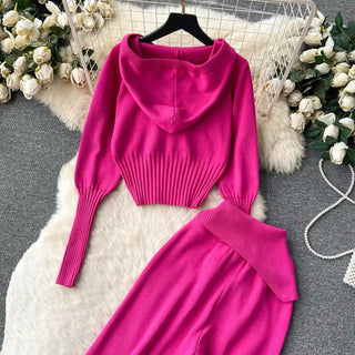 Knitted Two-Piece Set - Hooded Zippered Sweater & High-Waisted Wide-Leg Pants