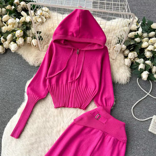 Knitted Two-Piece Set - Hooded Zippered Sweater & High-Waisted Wide-Leg Pants