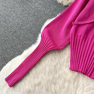 Knitted Two-Piece Set - Hooded Zippered Sweater & High-Waisted Wide-Leg Pants