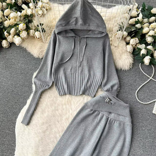 Knitted Two-Piece Set - Hooded Zippered Sweater & High-Waisted Wide-Leg Pants