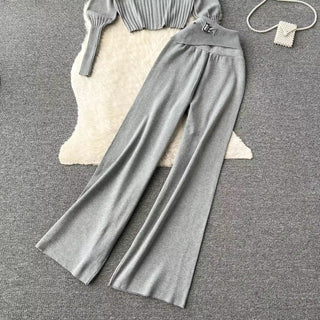 Knitted Two-Piece Set - Hooded Zippered Sweater & High-Waisted Wide-Leg Pants