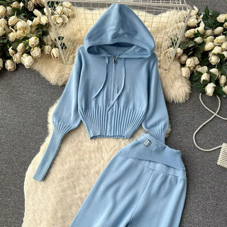 Knitted Two-Piece Set - Hooded Zippered Sweater & High-Waisted Wide-Leg Pants