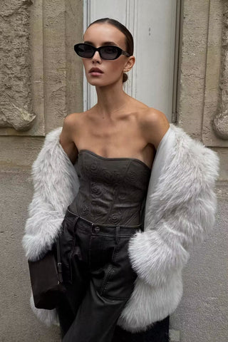 Luxury Faux Fur Long Coat with Wide Lapel Collar