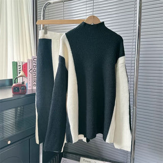 Cozy Ribbed Knit Two-Piece Set - Turtleneck Sweater and Midi Skirt
