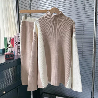 Cozy Ribbed Knit Two-Piece Set - Turtleneck Sweater and Midi Skirt