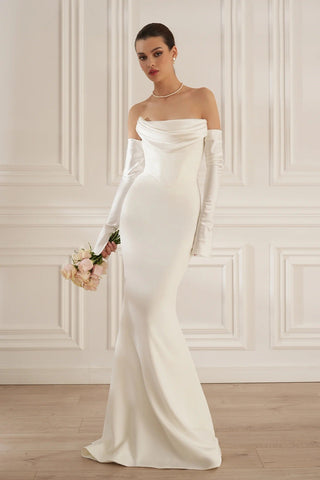 Elegant Mermaid Evening Long Dress with Draped Bust and Matching Gloves