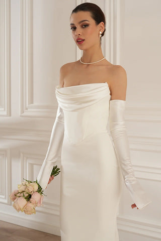 Elegant Mermaid Evening Long Dress with Draped Bust and Matching Gloves