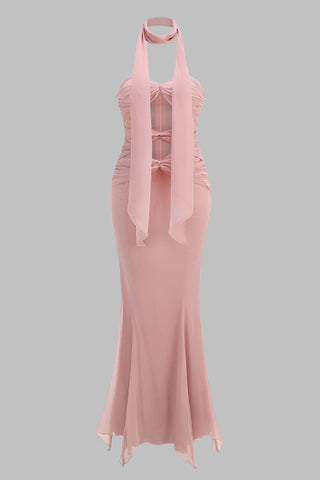Blush Halter Cutout Maxi Dress – Sheer Chiffon with Crystal Rings
