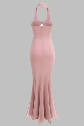 Blush Halter Cutout Maxi Dress – Sheer Chiffon with Crystal Rings