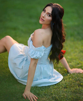 Puff Sleeve Light Blue Back Tie  Corset Mini Dress