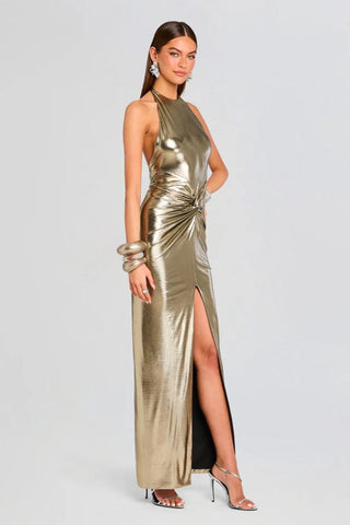 Metallic Halter Neck Sleeveless Long Dress with Twist Knot and Backless Design