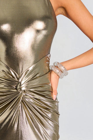 Metallic Halter Neck Sleeveless Long Dress with Twist Knot and Backless Design