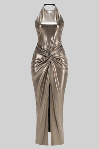 Metallic Halter Neck Sleeveless Long Dress with Twist Knot and Backless Design