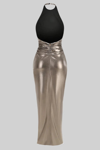 Metallic Halter Neck Sleeveless Long Dress with Twist Knot and Backless Design