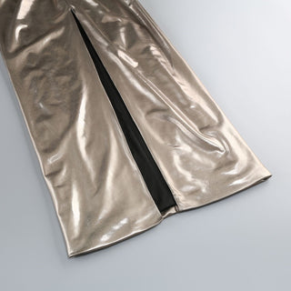 Metallic Halter Neck Sleeveless Long Dress with Twist Knot and Backless Design