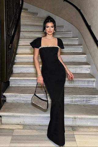 Fitted Bandage Long Dress with Cape Sleeves and Rhinestone Detail