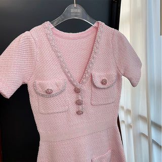 Soft Pink Tweed Knit Mini Dress – Short Sleeve, Pocket Detail