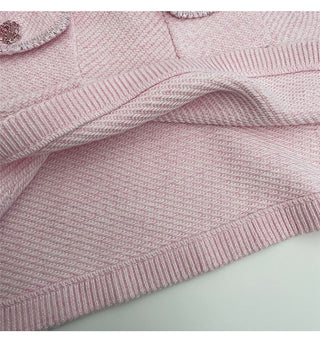 Soft Pink Tweed Knit Mini Dress – Short Sleeve, Pocket Detail