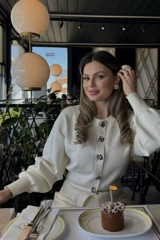 Ivory Knitted Cardigan and Mini Skirt Set with Statement Silver Buttons