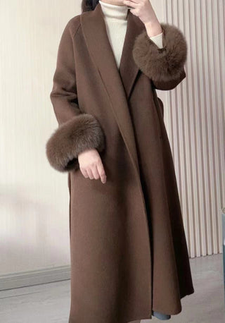 Luxury Double-Sided Wool Long Coat with Detachable Fur Sleeves
