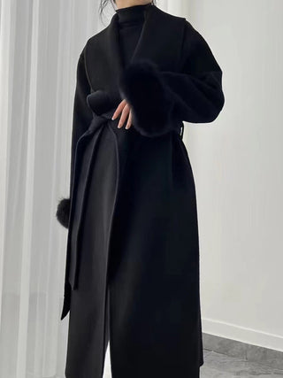 Luxury Double-Sided Wool Long Coat with Detachable Fur Sleeves