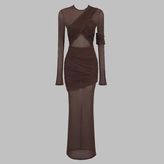 Long Asymmetric Sheer Mesh Dress with Draped Ruched Skirt