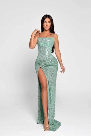 Mint Sequin Bodycon Long Dress with Spaghetti Straps and Thigh-High Slit