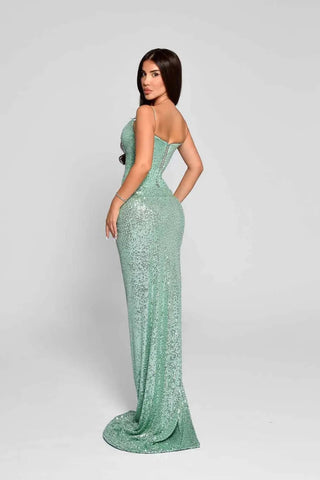 Mint Sequin Bodycon Long Dress with Spaghetti Straps and Thigh-High Slit
