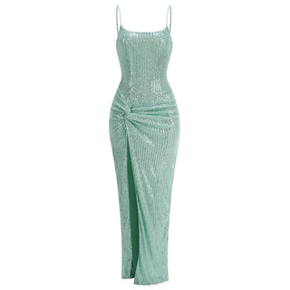 Mint Sequin Bodycon Long Dress with Spaghetti Straps and Thigh-High Slit