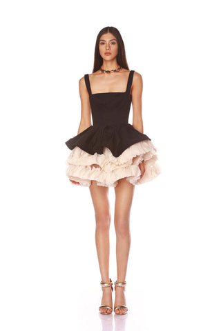 Sleeveless Black Square Neck Mini Dress with Layered Ruffle Skirt