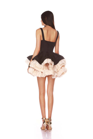 Sleeveless Black Square Neck Mini Dress with Layered Ruffle Skirt
