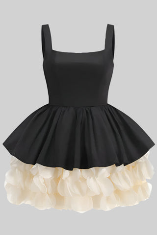 Sleeveless Black Square Neck Mini Dress with Layered Ruffle Skirt