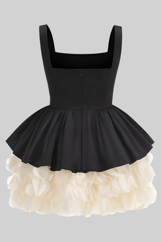Sleeveless Black Square Neck Mini Dress with Layered Ruffle Skirt