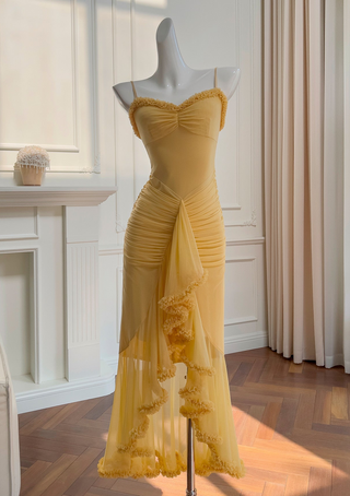 Elegant Sleeveless Long Mesh Dress with Ruffled Details