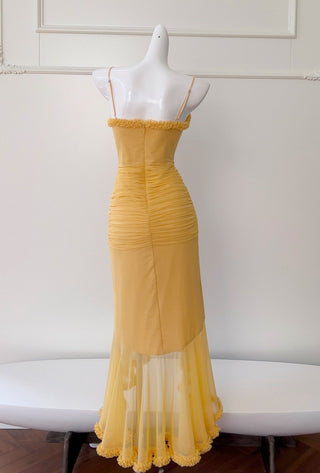 Elegant Sleeveless Long Mesh Dress with Ruffled Details