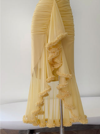 Elegant Sleeveless Long Mesh Dress with Ruffled Details