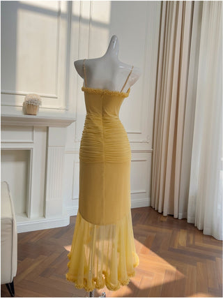 Elegant Sleeveless Long Mesh Dress with Ruffled Details
