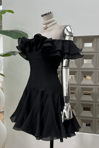 Off-Shoulder Mini Dress with Ruffle Trim and Flared Skirt