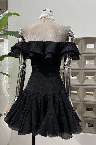 Off-Shoulder Mini Dress with Ruffle Trim and Flared Skirt