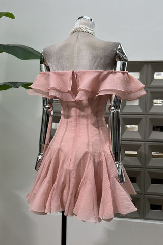 Off-Shoulder Mini Dress with Ruffle Trim and Flared Skirt