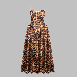Leopard Print Corset Midi Dress with Crystal Straps