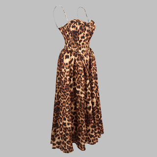 Leopard Print Corset Midi Dress with Crystal Straps